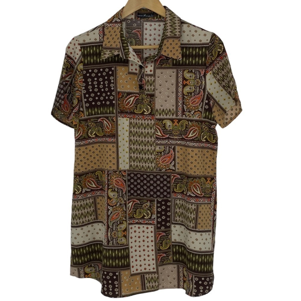 Emery Rose patchwork quilt print SS shirt dress, L